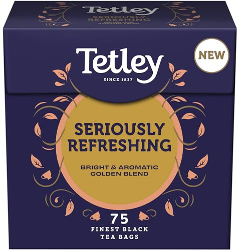 Tetley Seriously Refreshing Tea, 75 Tea Bags - Rainforest Alliance Certified Classic Gold Blend Teabags - Bright and Aromatic Taste for a Full Flavoured British Brew at Breakfast or Anytime