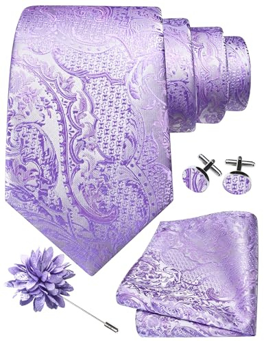 Gusleson Lavender Tie Set for Men Silk Paisley Purple Necktie Pocket Square Cufflinks and Lapel Pin Brooch Set for Wedding (UK6114-36)