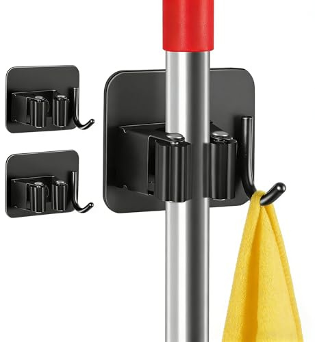 Bwnbvios Besenhalterung Wand Selbstklebend - 2 Stück Edelstahl Besenhalter in Schwarz für Küche, Bad, Balkon & Garten – Gerätehalter ohne Bohren
