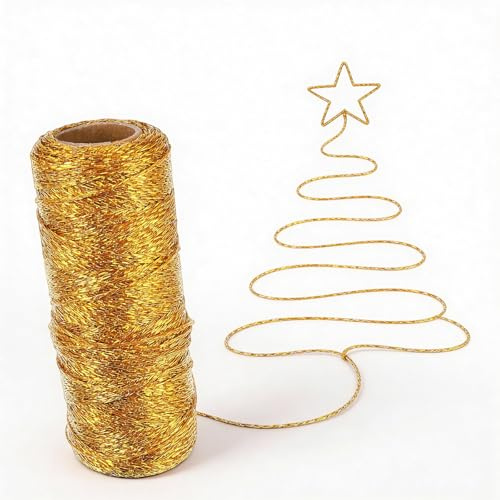 Cuerda dorada para adornos, 1 mm, cuerda metálica para panaderos, 110 yardas, adorno de Navidad, cordón dorado con purpurina, cordel inelástico, para decoración de bricolaje, envoltura de regalos