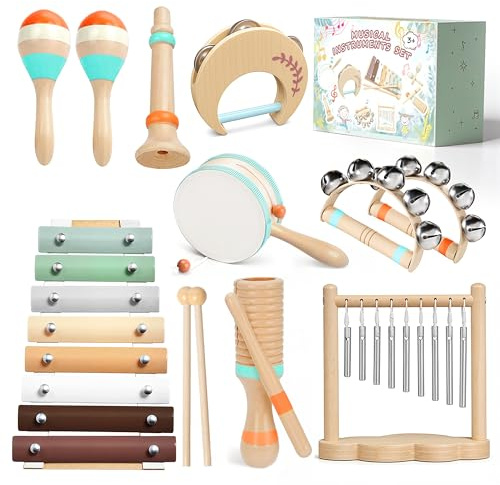 Musikinstrumente für Kinder ab 3 Jahre Kinderspielzeug Musikinstrumente Baby Spielzeug Holzspielzeug Trommel Percussion Instrumente Montessori Spielzeug ab 3 4 5 Jahre Geburtstagsgeschenk für Jungen