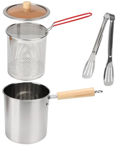 Olla para Freír con Cesta y Tapa,Olla de Acero inoxidable 304 con Cesta Coladora,Mini Freidora con pinzas y Mango,Olla para Freír Tempura Japonesa,Olla Freidora para Tempura,Pescado (3L)