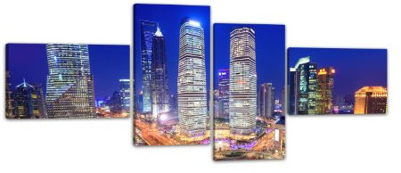 Leinwandbild Shanghai bei Nacht LW213 Wandbild, Bild auf Leinwand, 4 Teile, 200x90cm, Kunstdruck Canvas, XXL Bilder, Keilrahmenbild, fertig aufgespannt, Bild, Holzrahmen, China, City, Skyline,