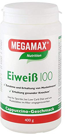 Megamax Eiweiss Cappuccino 400 g | Molkenprotein + Milcheiweiß Für Muskelaufbau ,Diaet | 2k-Eiweiss ideal zum Backen | hochwertiges Low Carb Eiweiß-Shake | aspartamfrei Protein-pulver mit Aminosäure