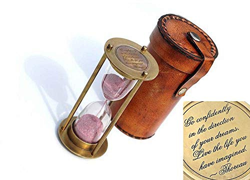 Brass Hourglass with Inspirational Quote by Thoreau | Timeless Sand Timer with Premium Leather Case | Elegant Vintage Home Decor & Gift | Antique Look | Nautical Graduation Collectible