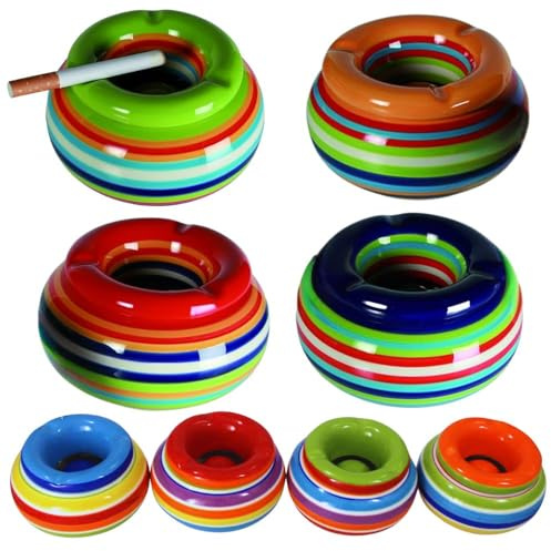 Aschenbecher Windaschenbecher Keramik Tischaschenbecher mit Deckel Bunt Streifen (3er Sparset)