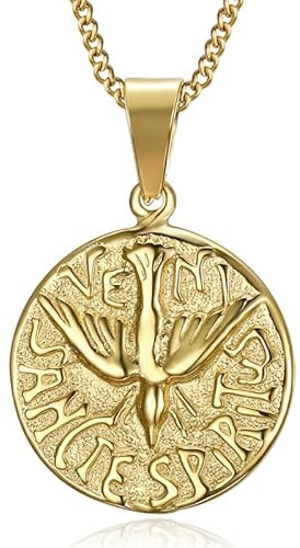 BOBIJOO JEWELRY - Anhänger Halskette Medaille Veni Sancte Spiritus Der Heilige Geist Stahl Vergoldet Vergoldete Kette