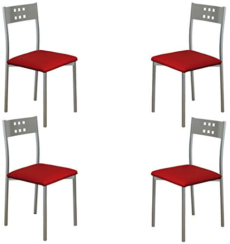 MOMMA HOME Set 4 Sillas de Cocina y salón -Xara - Material Metal Color Plata y Ecopiel Color Rojo- Medidas 41 x 47 x 86 cm.
