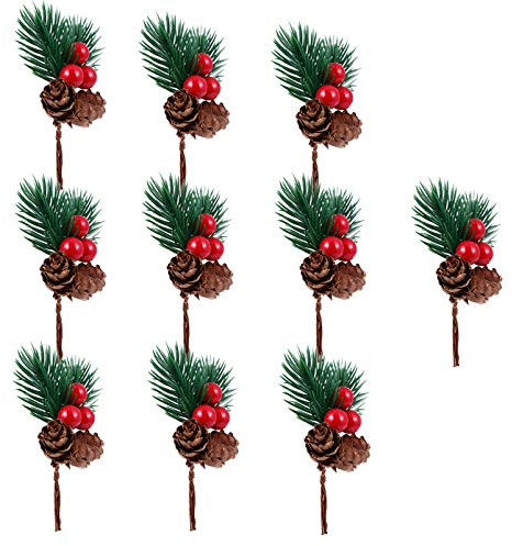 Tomaibaby 10Pcs Tallos de Bayas de Acebo Rojo Ramas de Pino de Navidad Conos de Pino Artificial Rama Artesanal Selección de de Vacaciones de Invierno Selecciones Tallo de
