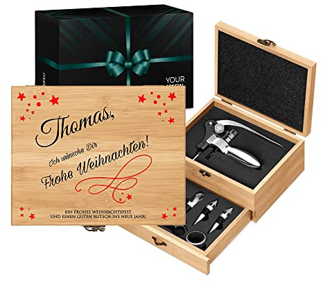 Maverton Weinöffner-Set personalisiert Weinset Sommelier Set - Geschenkbox Holzbox + 8er Weinzubehörset - aus Bambus - Braun - Geschenk zu Weihnachten Frauen Männer - Frohe Weihnachten