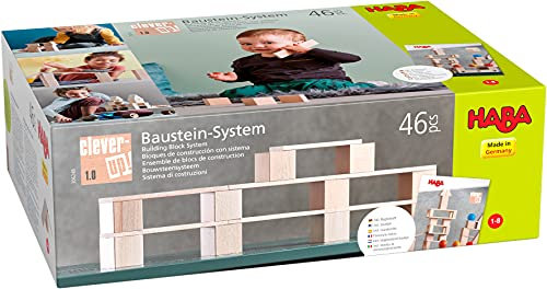 HABA Baustein-System Clever-Up! 1.0, Natur-Bausteine für Kinder ab 1 Jahr, 46 Teile, 306248