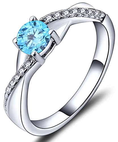 YL Bague de fiançailles bague de mariage en argent 925 avec zircone bleue aigue-marine de 5 mm bague de naissance de mars bague à l'infini bague solitaire pour femme (taille 56）