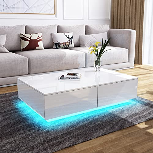 Coffee Table, Centre Table Tea Table for Living Room, White Gloss Coffee Table with LED Lights, Rectangle Side End Table with 4 Drawers for Home Office Furniture