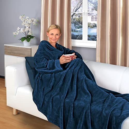 Gräfenstayn® Kuscheldecke mit Ärmel – Flauschige Decke zum Anziehen – Öko-Tex Standard 100 – Ärmeldecke für Damen & Herren – TV-Decke (Blau, 200x150cm)