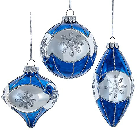 Kurt Adler 80 mm blaue Schneeflocken-Kugel, Zwiebel- und Tropfenform, 3-teiliges Set