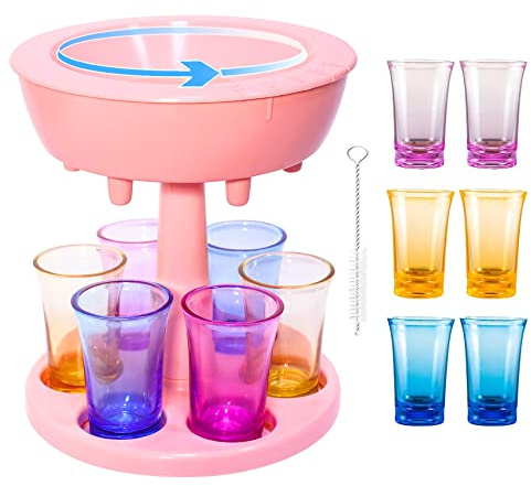 Buffalito Six Drink Pourer Glasses with 6 Colored Acrylic 2 Oz Cups, Multi-Pouring Shot Dispenser - Pink