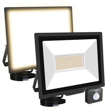 RIGIDON 2x 100W 10000LM Aussenleuchte Bewegungsmelder Led Strahler, Außen Led Lampe, 4000K Warmweiß Led Flutlicht Außenleuchte, Wasserdicht Außen-Leuchte Flutlicht Für Garten Garage Carport Hauswand