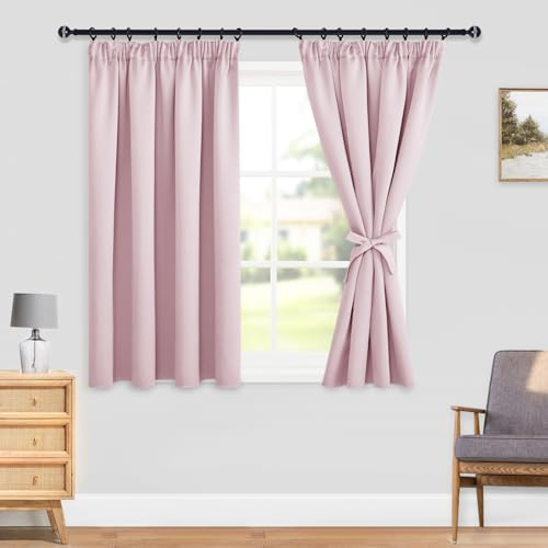 DWCN Vorhänge Küche Kurz Blickdicht Kräuselband mit Vorhang-Krawatten | 137x167cm(HxB), Blush Pink, 2er Set, Vorhänge Dunkel Thermogardine Verdunkelung Wärmeisolierend Thermovorhang Schlafzimmer