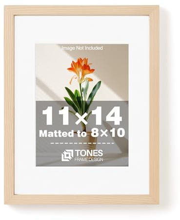 TONES FRAME DESIGN 11x14 Picture Frame Natural Wooden Frame with 8x10 Mat, 11x14 Frames Solid Wood Veneer 11 x 14 Picture Frames with Shatterproof Plexiglass for Poster Gallery Wall Home Decor