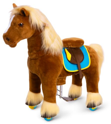 PonyCycle® Modell X Pferd auf Rollen | Braun | 4-7 Jahre | mit Bremse | Reitpferd auf Rollen für Kinder, beweglicher Sattel, Handbremse, leise Räder, Indoor & Outdoor, Größe 4