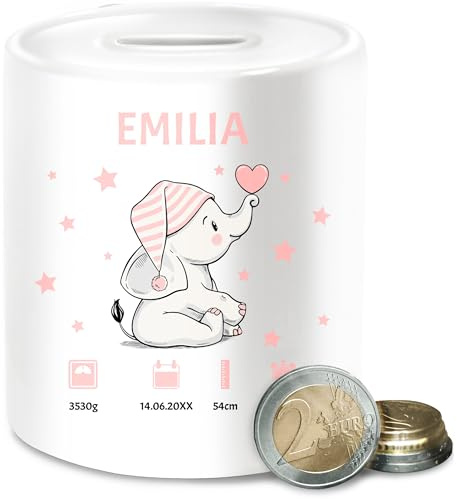 Spardose - Elefant Geburtsdaten mit Name Geschenk zur Geburt Geschenkidee I Geldgeschenk zur Geburt - Unisize - Weiß - personalisierte Geschenke Taufe Baby Babygeschenk personlisiert