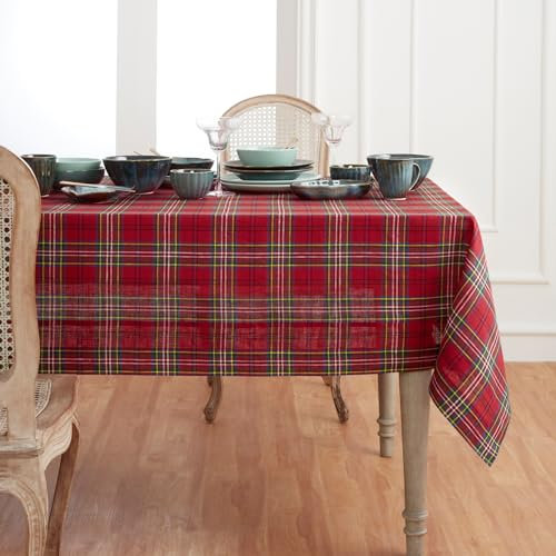 Solino Home Weihnachtstischdecke aus Leinen, 100 % reines Leinen, klassisches Schottenkaro, Tischdecke für rechteckige Tische, maschinenwaschbar, 152,4 x 361,8 cm, Rot