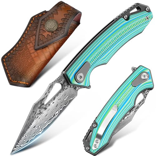 Klappmesser Taschenmesser aus VG10 Damast scharf echt Einhandmesser Outdoor Messer Survival Roseholzgriff mit Leder Holster Damastmesser für Wandern Bushcraft Camping Geschenke für Männer