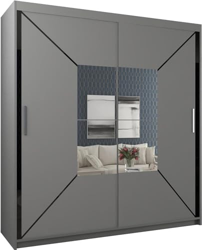 MN Furniture Breda Modern Double Sliding Mirror Door Wardrobe with Hanging Rails and Shelves, Clothes Storage Cabinet Organizer Closet for Bedroom Small Spaces (Grey, 203cm)