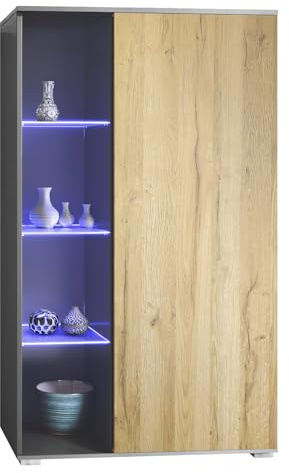 Vladon Vitrine Davos, Made in Germany, Standvitrine mit 3 Glasböden und 8 Fächer inkl. LED, Anthrazit matt/Eiche Natur (71,5 x 134 x 35 cm)