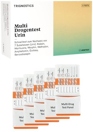 TRIGNOSTICS Multi Drogentest Urin | 5 Schnelltests ohne Labor | 7 Drogenarten in 5 Minuten | Genauigkeit >99,9% | Test auf Kokain, Cannabis, Morphin, Methadon, Amphetamin, Ecstasy und Benzodiazepine