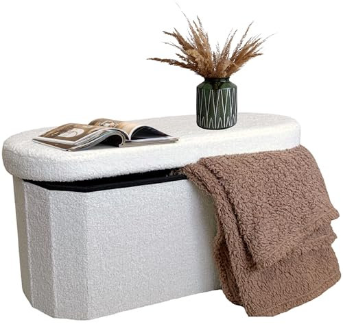 LAMBY HOME Banco Almacenaje - Puff Almacenaje Borreguito, Baul Almacenaje Dormitorio, Banco Zapatero Plegable, Puff Salon, Banco recibidor, Banco Pie de Cama, Reposapies Salon y Sofa, Blanco, 78x38x38