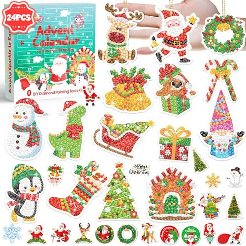 Diamond Painting Adventskalender 2025,Mädchen Diamond Painting Weihnachten Basteln 24Stück, Anhänger Diamant Malerei Schlüsselanhänger,50Stück Aufkleber Weihnachten 24 Tage Überraschung Geschenke