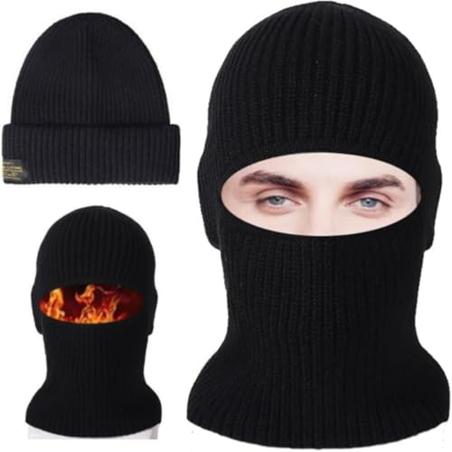 JYZPJ Winter Black Balaclava for Men Ski Mask Balaclava Motorbike Knitted Plush Lined Thickened Thermal Hat with Face Mask Unisex Windproof Warm Multi Functional Women One Cap for Two Purposes