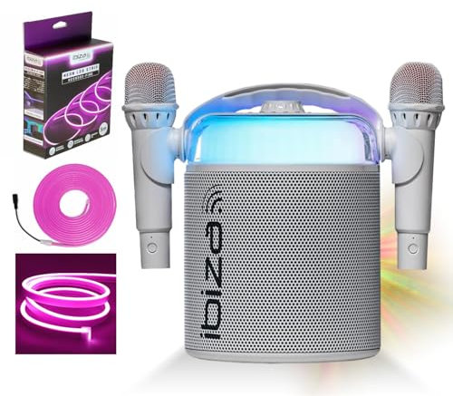 Ibiza - Set di altoparlanti portatili con batteria Bluetooth Karahome WH 120 W USB SD 2 microfoni - Illuminazione LED effetto neon flessibile - Festa