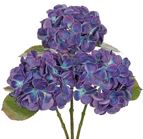 Hollyone 3er Set Hortensien Kunstblumen Violett, Ø 15cm Hortensienblüten Künstlich Seidenblumen Wie Echt Hortensien Deko Blumen für Hochzeit, Haus, Büro, Mittelstücke, Blumenarrangements