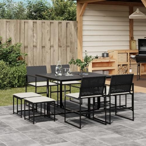 Homgoday Set da pranzo da giardino 9 pezzi e cuscini in rattan sintetico nero, sedia tavolo cucina esterno terrazza patio balcone mobili tipo 12