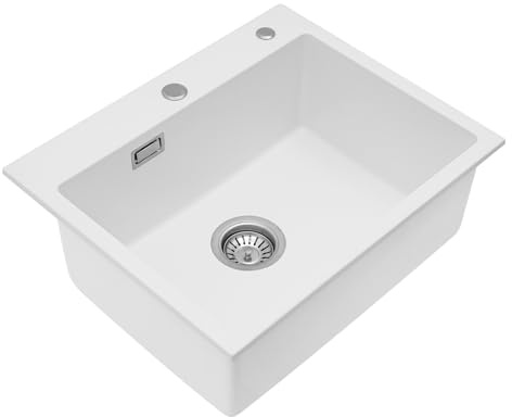Fregadero de cocina de cuarzo rectangular con escurridor, tubo de desagüe para cocina para área de fregadero y encimera de cocina (blanco, 55 x 45 cm)