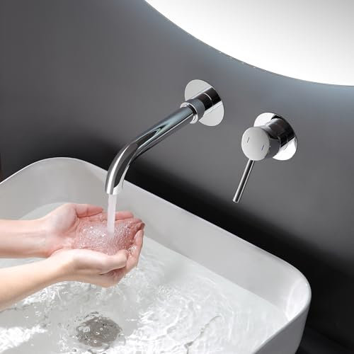 ROVOGO Wall Mounted Basin Mixer Tap for Bath or Tub with Concealed Stainless Steel 304 Body, 2-Hole Bathroom Basin Mixer Tap with 360 Degree Rotatable Spout, Single Lever Bathroom Sink Faucet Chrome