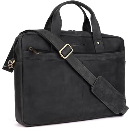 Benthill Laptop väska i äkta läder I laptopväska i läder axelväska I laptop portfölj I dam och herr handväska I laptopväska, Färg: svart