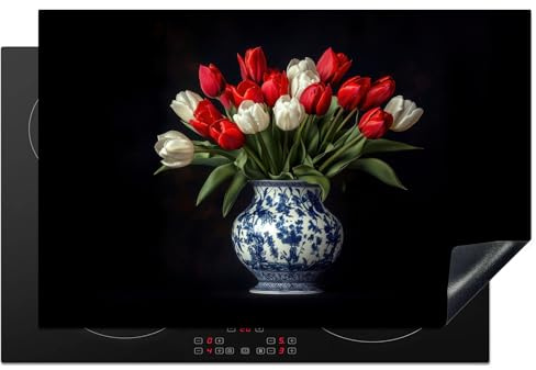 KitchenYeah© Herdabdeckplatte Einteilig Induktionsmatte Küche Abdeckung | 81x52 cm - Ceranfeld Herd Abdeckplatte Deko Vinyl Matte Aufrollbar Rot - Blumen - Tulpen - Vase