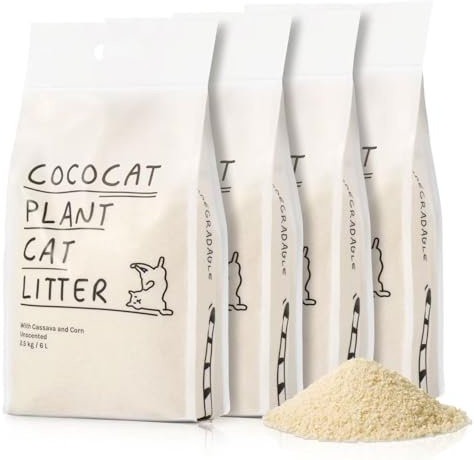 Cococat Arena para gatos de yuca, hecha para cajas de arena automáticas (bolsa de 4 x 2,5 kg/6 litros), fuerte aglomeración, sin perfume para un excelente control de olores, sin polvo, fácil recogida