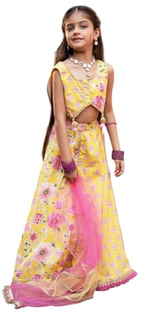 Pspeaches Ensemble 3 pièces en coton sans manches avec col rond et bottines imprimé Lehenga et Choli avec Dupatta | Vêtements ethniques pour filles | Costume traditionnel et festif, jaune, 6-7
