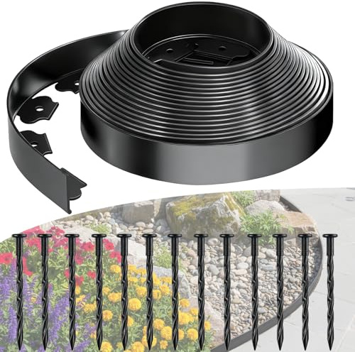 SdreMelo Flexible Lawn Edging Border 19.7ft I 6M Plastic Lawn Garden Edging Border with 5cm High, 25Pcs Reinforced Securing Pegs Grass Path Edging for Grass Edging, Lawns Yard Pathway (19.7ft I 6M)