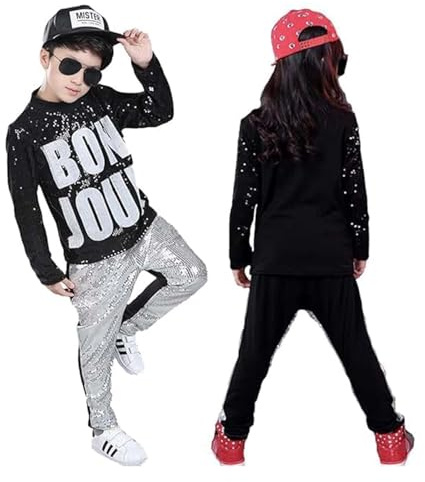 LOLANTA Traje de Retro Hip Hop con Lentejuelas para Niños Disfraz de Danza Callejera Infantil Trajes de Danza Moderna Jazz Disco Brillante Conjunto Top Pantalones, Plata, 11-12 años, 160
