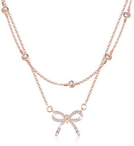 ALEXCRAFT Double Colliers Femme Or Rose, Collier à Pendentifs avec Nœud Réglables, Ensemble Multirang Collier Superposés avec Zircone, Chaîne Choker Perles, Acier Chirurgical, Cadeau pour Femme