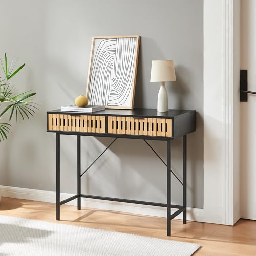 [en.casa] Konsolentisch Luniehti Beistelltisch mit 2 Schubladen für Wohnzimmer Flur Wohnzimmertisch 100 x 40 x 75 cm Metallgestell Schwarz/Natur