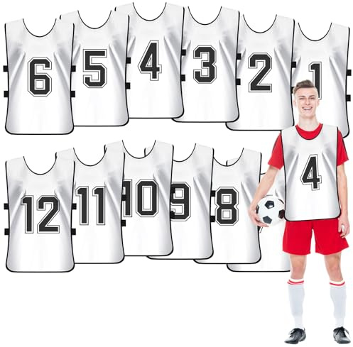 OGMBI 12er Set Weiß Leibchen Fussball Herren mit Nummern, 70 x 47 cm Trainingsleibchen für Erwachsene, Team-Spiel Bibs, Nummerierte Trainingswesten für Sport Football Basketball Handball Volleyball