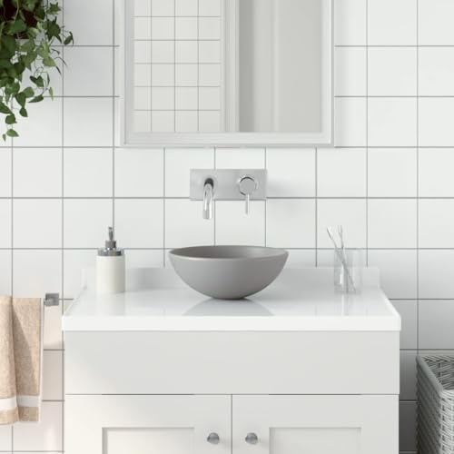 Lavabo da Appoggio Tondo in Ceramica, Design Moderno Senza Troppo Pieno, Grigio Chiaro per Bagno o Cucina, Diametro 28 cm