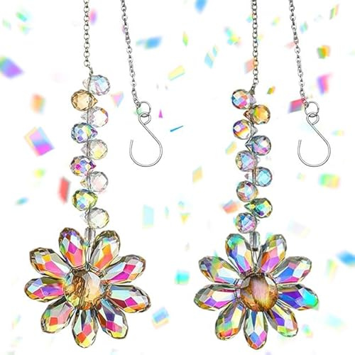 JYNVO 2 Acchiappasole in Cristallo, Fiore Colorato con Perle Chakra, Ornamento Lichtfang per Finestra & Giardino