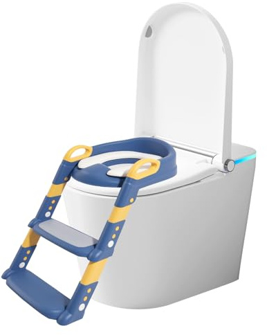 2 in 1 Toilettensitz Kinder mit Treppe Verstellbar Höhe Toilettentrainer Mit Treppe mit Trittstufe Sitzpolster Rutschfestes Pedal Leicht Tragen Abnehmbar Toilettentreppe für Baby (Blau)